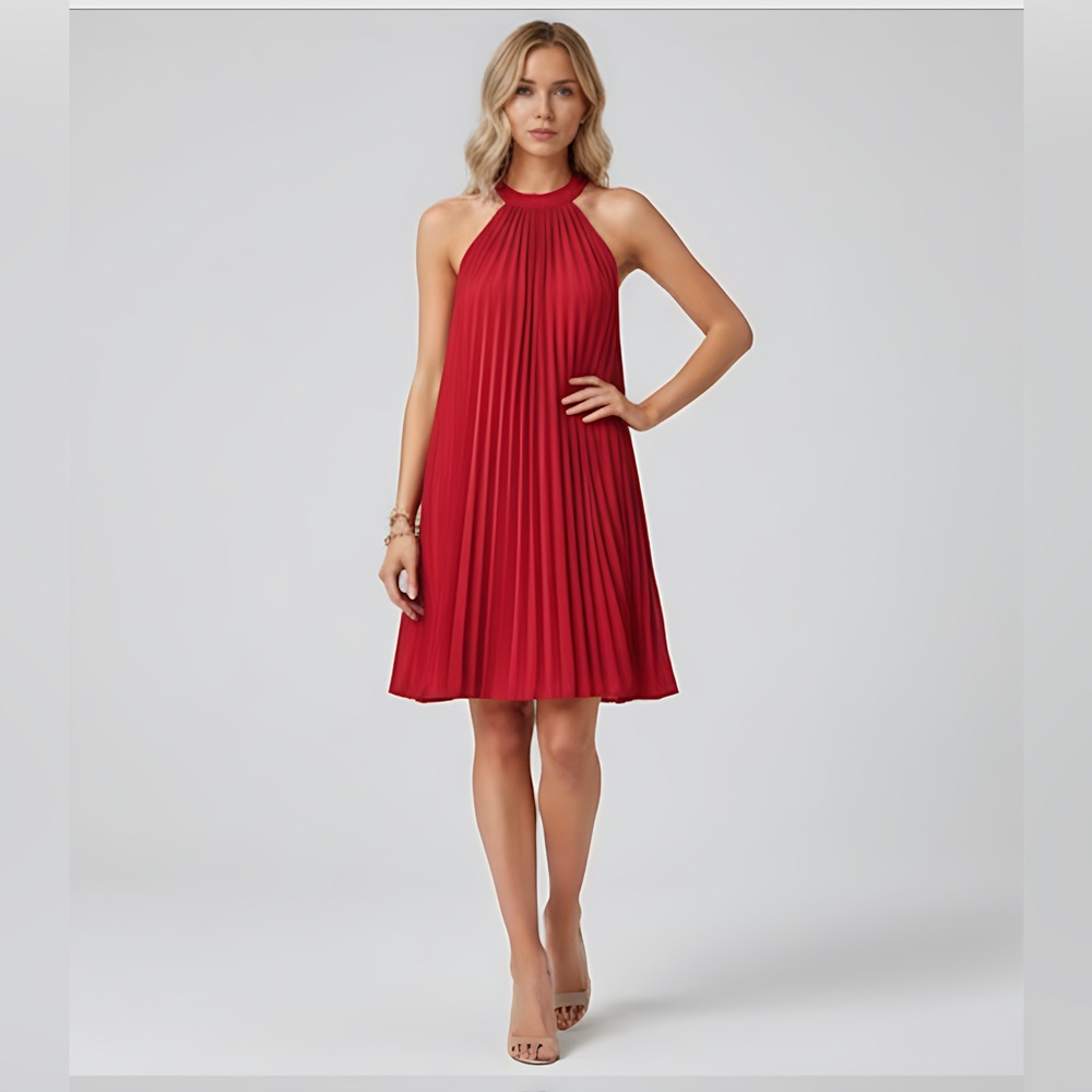 Red Tie Back Pleated Halter Dress - Picture 1 of 7